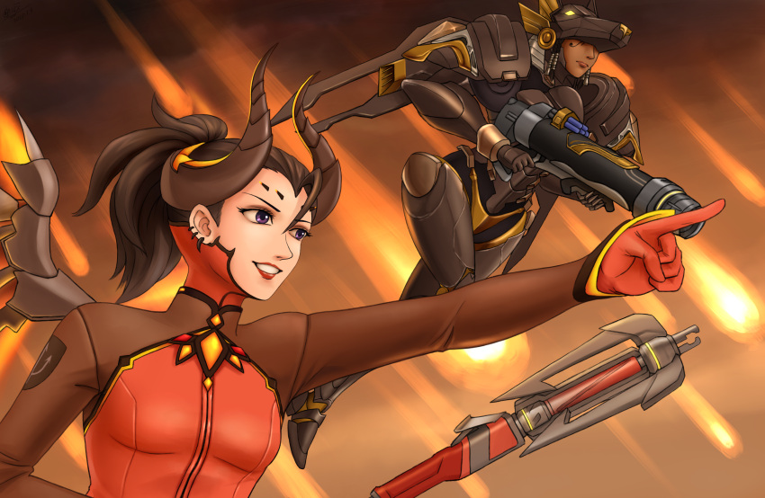 2girls alternate_costume black_hair bodysuit breasts brown_sky covered_eyes dark_persona dark_skin demon_horns devil_mercy emblem eye_of_horus facial_mark facial_tattoo faulds fire fireball forehead_mark gloves glowing glowing_wings grin hair_tubes helmet high_ponytail highres holding holding_staff holding_weapon horns index_finger_raised lips long_sleeves mechanical_wings mercy_(overwatch) multiple_girls nose orange_wings overwatch patch pharah_(overwatch) pink_lips pointing power_armor red_bodysuit red_gloves red_lips rocket_launcher short_hair side_braids small_breasts smile staff tattoo tuskine_kinase upper_body violet_eyes weapon wings