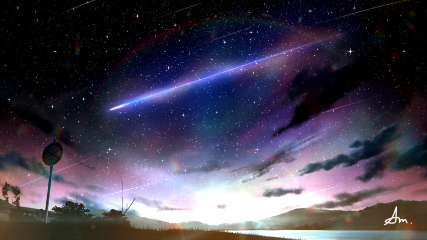 alu.m_(alpcmas) clouds dark grass hill lens_flare light_particles meteor_shower night night_sky no_humans original rainbow river scenery shooting_star sign signature sky star_(sky) starry_sky sunlight tree twilight