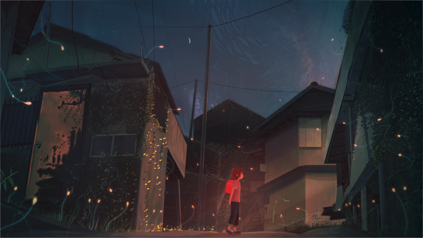 1girl absurdres backpack bag banishment blue_sky brown_footwear brown_hair commentary_request fantasy grass highres night original outdoors pants pink_shirt plant power_lines randoseru scenery shirt shoes short_hair sky solo standing telephone_pole