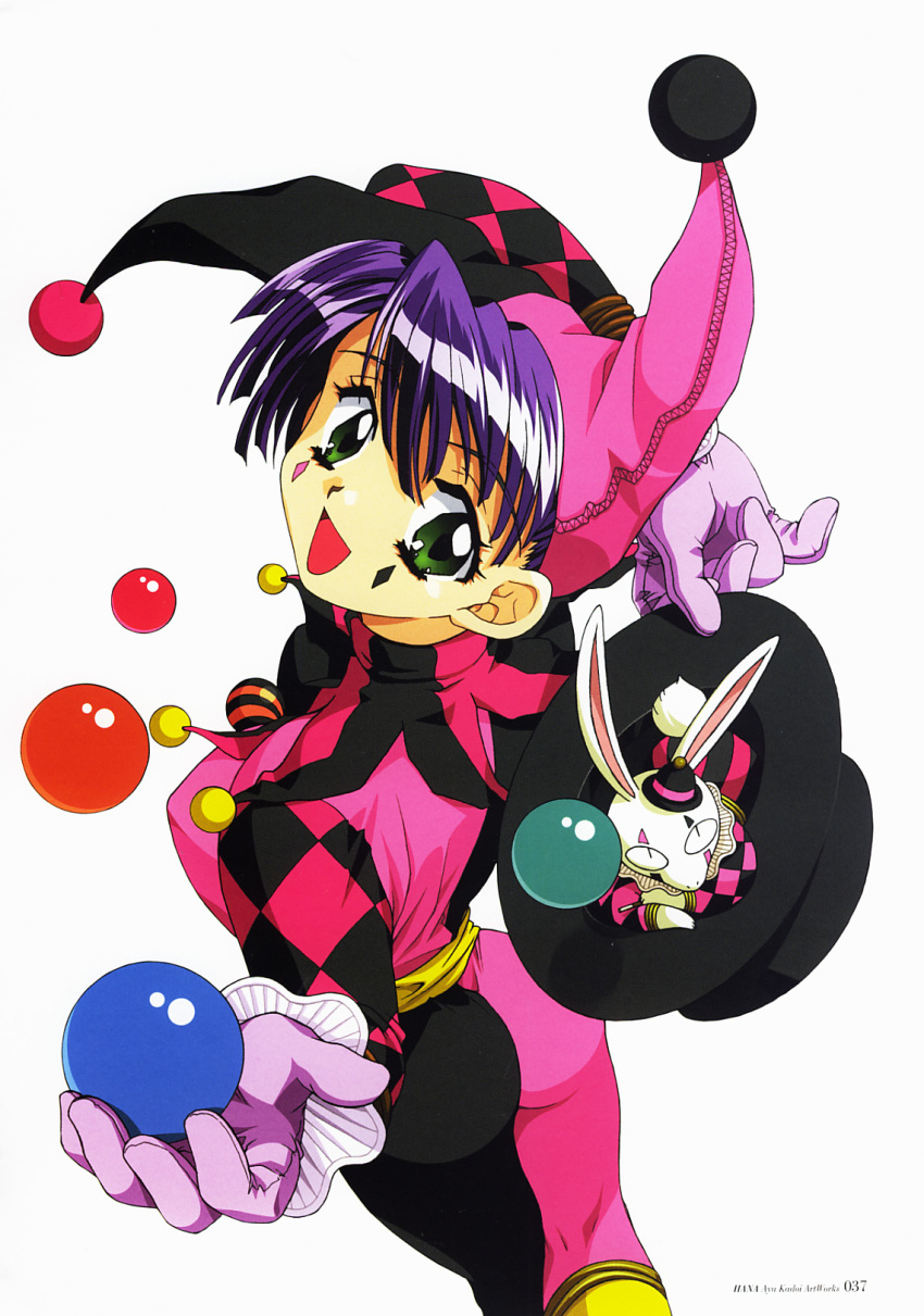 1girl argyle_sleeves arm_up ass ball bunny facial_mark floating floating_object gloves green_eyes hat highres holding holding_ball holding_hat jester jester_cap kadoi_aya looking_at_viewer open_mouth page_number purple_gloves purple_hair scan simple_background solo white_background