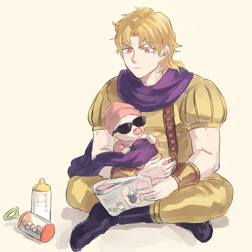 1boy 1girl baby baby_bottle blonde_hair bottle hat highres jojo_no_kimyou_na_bouken kali_lgk scarf shizuka_joestar sunglasses