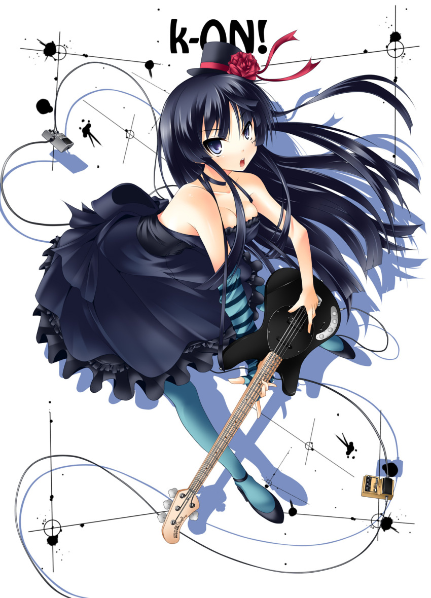 1girl akiyama_mio bass_guitar black_hair blue_legwear breasts cleavage don't_say_"lazy" don't_say_lazy dress elbow_gloves fingerless_gloves flower gloves guitar hat heart highres instrument k-on! long_hair mini_top_hat nana_(artist) pantyhose rose solo top_hat