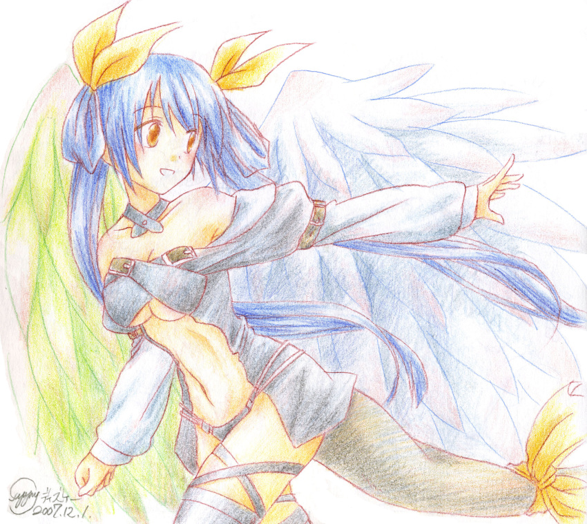 asymmetrical_wings bare_shoulders blue_hair bow breasts colored_pencil_(medium) dizzy guilty_gear hair_bow highres looking_back midriff ribbon smile suppy tail tail_ribbon traditional_media twintails under_boob underboob wings