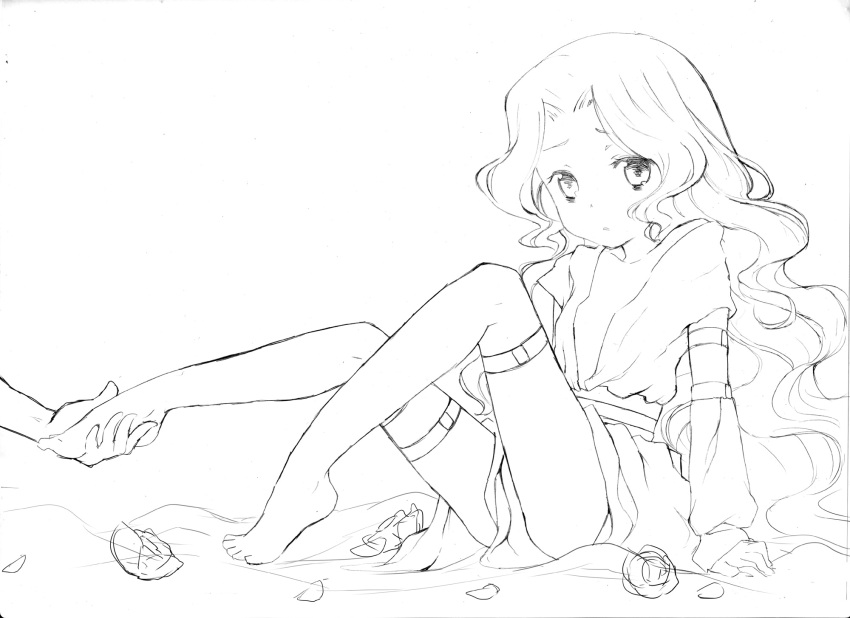 absurdres code_geass detached_sleeves ecocube feet flat_chest flower foot_hold highres holding_another's_foot monochrome nunnally_lamperouge open_clothes open_shirt petals shirt sketch slave_uniform thigh_strap