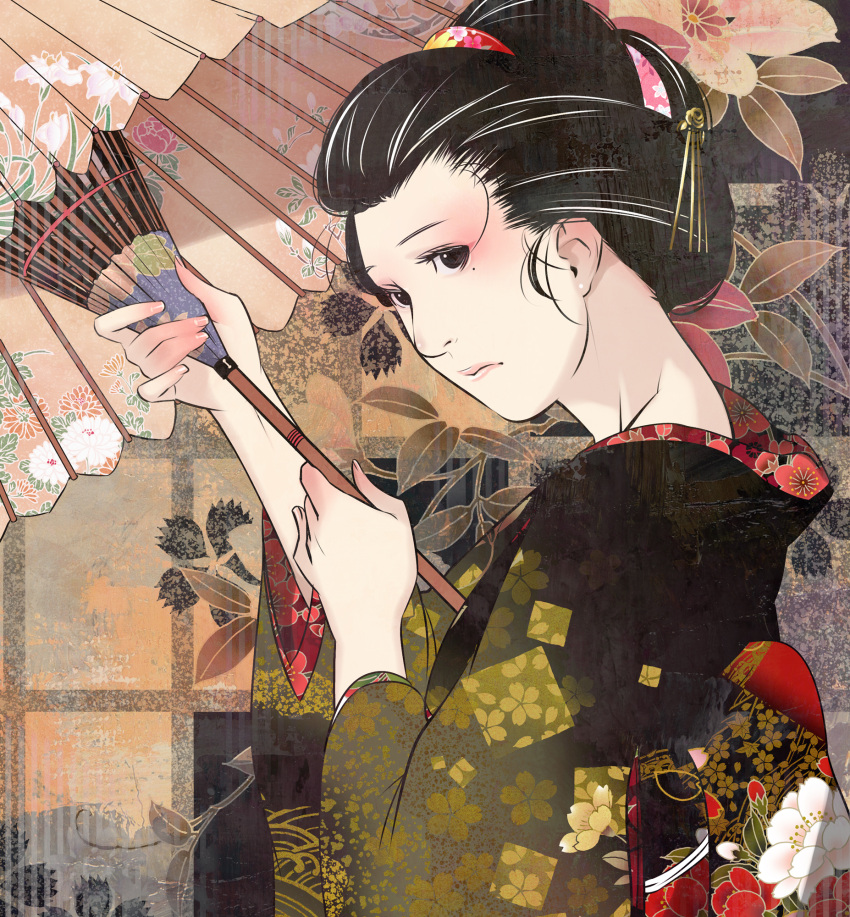 absurdres eyeshadow flower geisha highres japanese_clothes kimono lipstick make_up makeup mole oriental_umbrella original parasol traditional_japanese_clothes umbrella xr650r