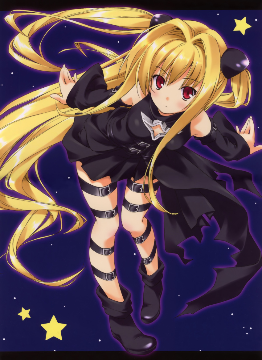 blonde_hair blush boots detached_sleeves highres konjiki_no_yami leaning_forward long_hair night red_eyes star strap thigh_strap to_love-ru toloveru twintails umino_tomo very_long_hair