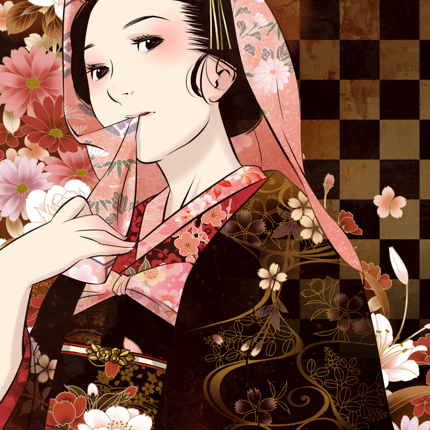 absurdres eyeshadow floral_print flower geisha hands highres japanese_clothes lipstick make_up makeup original traditional_japanese_clothes veil xr650r