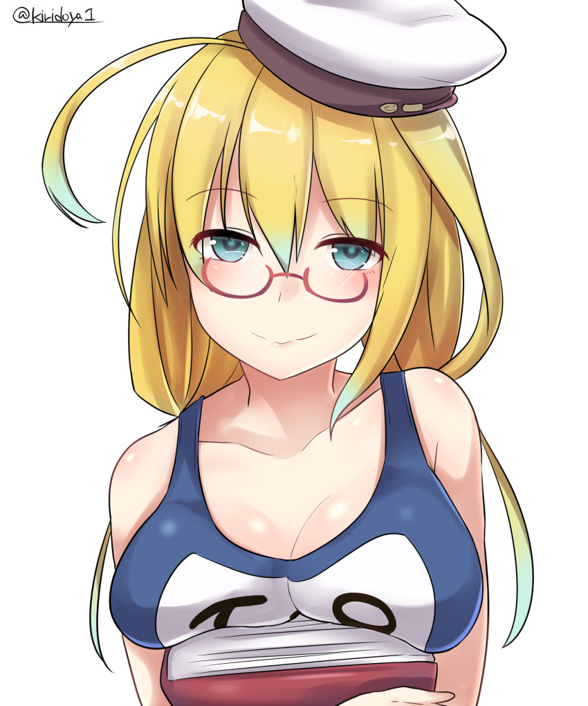 1girl absurdres blonde_hair blue_eyes book breast_rest breasts cleavage collarbone hat highres holding holding_book i-8_(kantai_collection) kantai_collection kiritto long_hair looking_at_viewer medium_breasts name_tag old_school_swimsuit sailor_hat school_swimsuit simple_background smile solo swimsuit twitter_username upper_body white_background white_hat