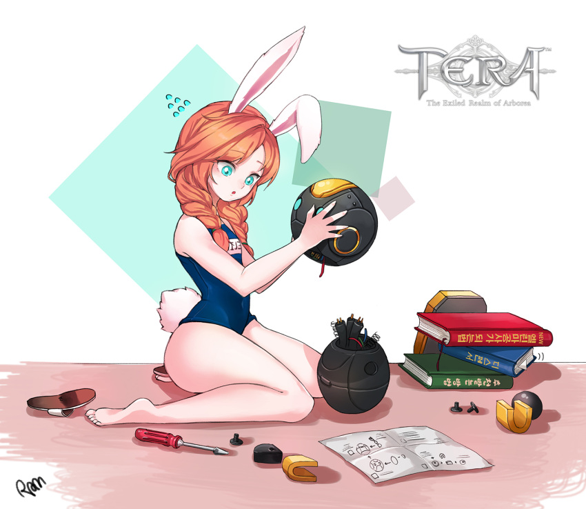 1girl animal_ears artist_request barefoot blue_eyes book braid brown_hair bunny_tail elin_(tera) flying_sweatdrops highres legs long_hair one-piece_swimsuit open_mouth rabbit_ears robot sandals sandals_removed school_swimsuit screwdriver sitting solo swimsuit tail tera_online twin_braids twintails