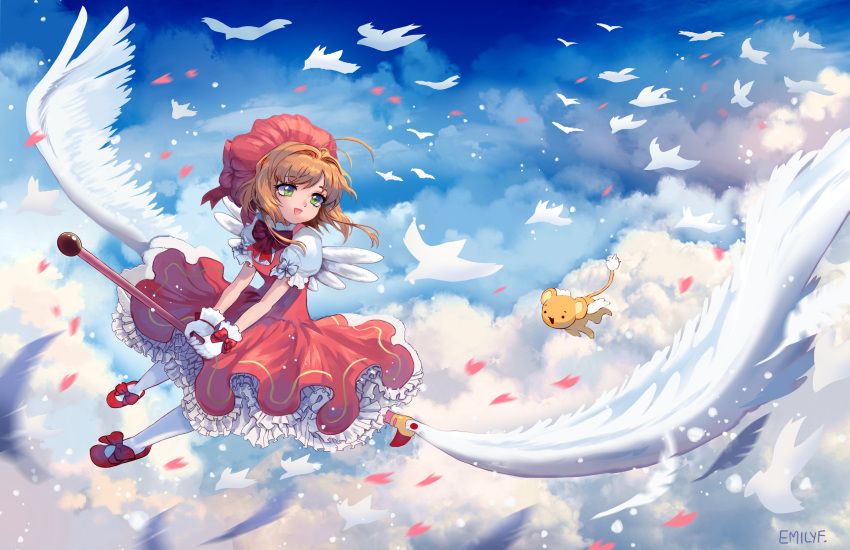1girl :d absurdres antenna_hair bird blue_sky bow brown_hair cardcaptor_sakura clouds day dress eyebrows_visible_through_hair feathers flying gloves green_eyes hat highres holding kero kinomoto_sakura looking_at_another looking_to_the_side magical_girl open_mouth outdoors pantyhose petals pink_headwear puffy_short_sleeves puffy_sleeves red_bow red_footwear shianebulae short_hair short_sleeves sky smile white_gloves white_legwear white_wings wings