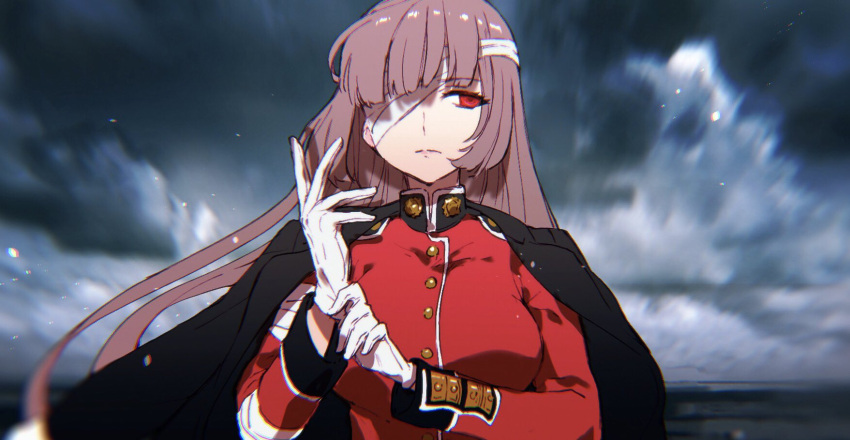 1girl adjusting_clothes adjusting_gloves bandage_over_one_eye blurry blurry_background clouds cloudy_sky expressionless fate/grand_order fate_(series) florence_nightingale_(fate/grand_order) gloves highres jacket_on_shoulders nekoremon pink_hair red_eyes sky
