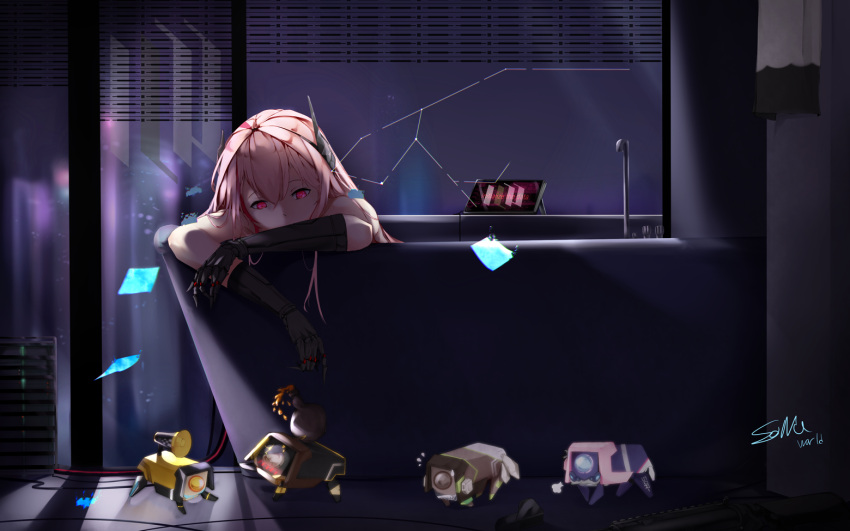 1girl bath bathing bathtub black_gloves blush covered_mouth dinergate_(girls_frontline) expressionless eyebrows_visible_through_hair faucet flying_sweatdrops girls_frontline gloves gun hair_between_eyes headgear leaning_on_object light_particles long_hair looking_at_viewer looking_down m16a1_(girls_frontline) m4_sopmod_ii_(girls_frontline) m4a1_(girls_frontline) multicolored_hair nude pink_hair red_eyes redhead ro635_(girls_frontline) signature solo sonaworld st_ar-15_(girls_frontline) streaked_hair tablet weapon
