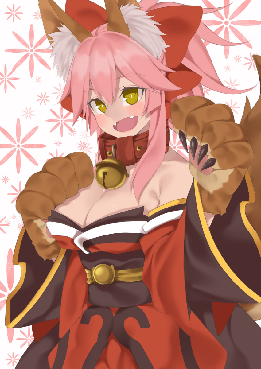 1girl @_@ absurdres animal_ears bell bell_collar blush breasts cat_paws cleavage collar collarbone e_draw_paint fangs fate/grand_order fate_(series) fox_ears fox_tail gloves hair_ribbon hand_on_own_chest highres japanese_clothes jingle_bell kimono large_breasts long_hair looking_at_viewer open_mouth paw_gloves paws pink_hair ponytail red_kimono ribbon solo tail tamamo_(fate)_(all) tamamo_cat_(fate) yellow_eyes