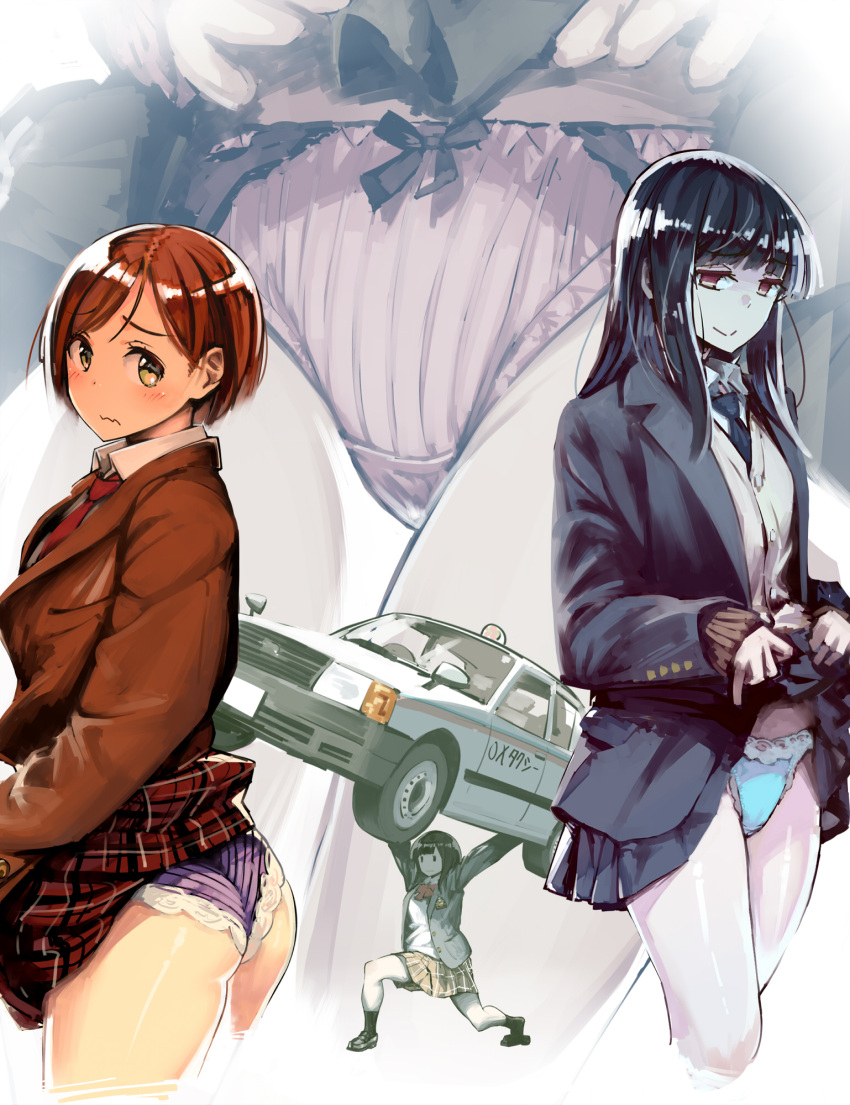 3girls arms_up ass bangs bare_legs black_bow black_hair black_legwear blue_jacket blue_neckwear blue_panties blue_skirt blunt_bangs blush bow bow_panties brown_eyes brown_hair brown_jacket car closed_mouth collared_shirt commentary_request cropped_legs expressionless eyebrows_visible_through_hair from_side ground_vehicle highres jacket lifted_by_self lifting_cars long_hair long_sleeves looking_at_viewer motor_vehicle multiple_girls necktie original panties plaid plaid_skirt pleated_skirt purple_panties red_neckwear school_uniform shirt skirt skirt_lift smile socks standing twinpoo underwear wavy_mouth white_shirt yellow_eyes you're_doing_it_wrong zoom_layer
