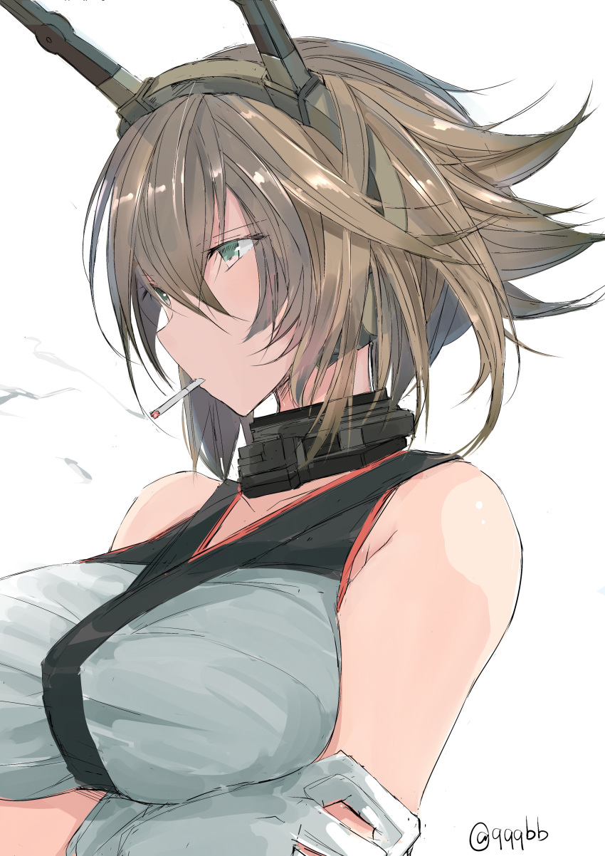 1girl absurdres bare_shoulders breasts brown_hair cigarette collar collarbone commentary crossed_arms edogawa_nao flipped_hair gloves green hair_between_eyes headgear highres kantai_collection large_breasts looking_to_the_side mutsu_(kantai_collection) short_hair simple_background smoke smoking solo twitter_username white_background white_gloves