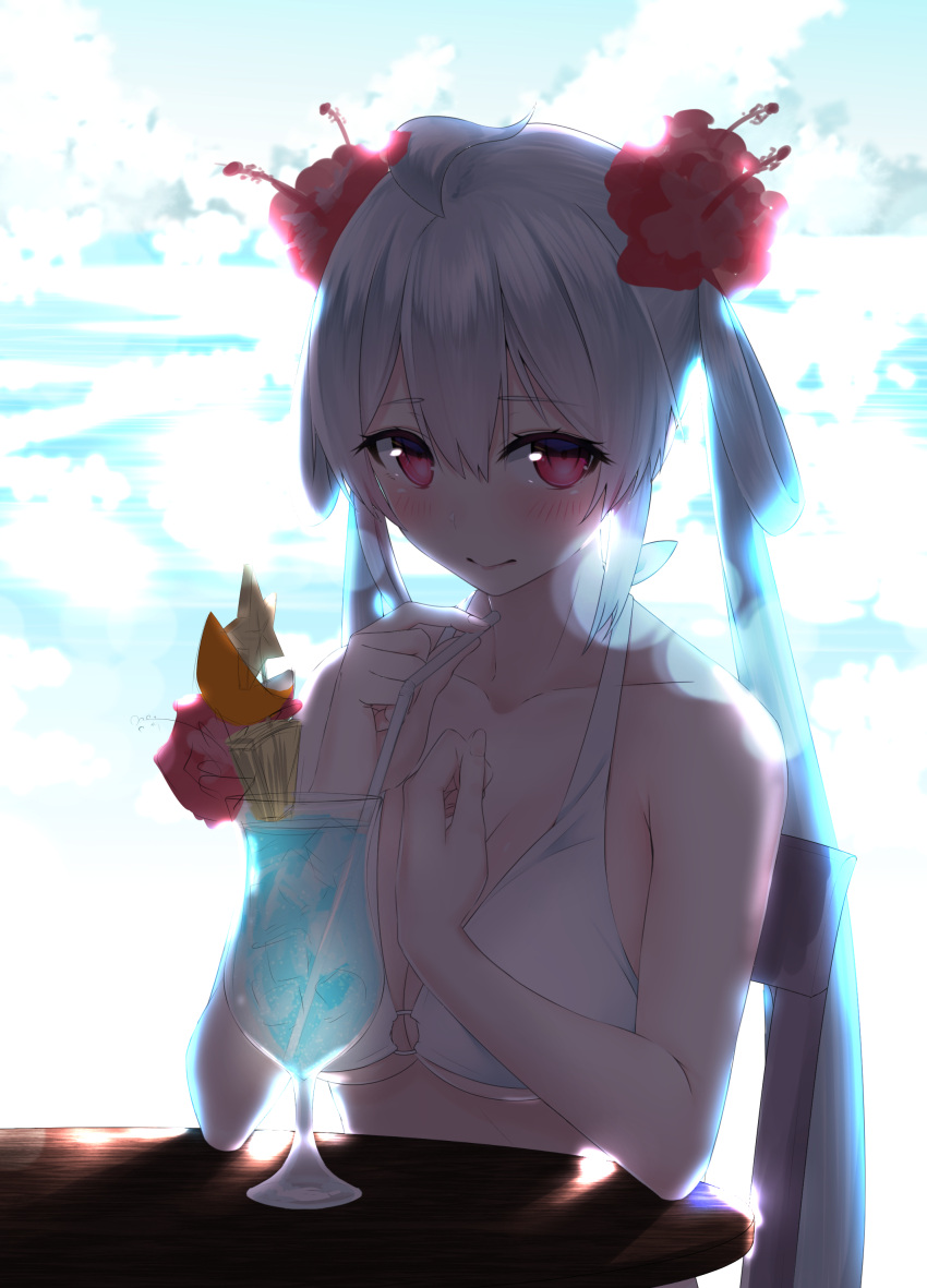 1girl absurdres ahoge backlighting bare_arms bare_shoulders bikini bikini_top breasts celeryma chair cleavage closed_mouth cocktail collarbone cup drink drinking_glass drinking_straw flower hair_flower hair_ornament hair_rings hand_on_own_chest hibiscus highres ice ice_cube light long_hair looking_at_viewer matoi_(pso2) medium_breasts o-ring_bikini o-ring_top phantasy_star phantasy_star_online_2 pink_eyes silver_hair smile solo star swimsuit table under_boob white_bikini