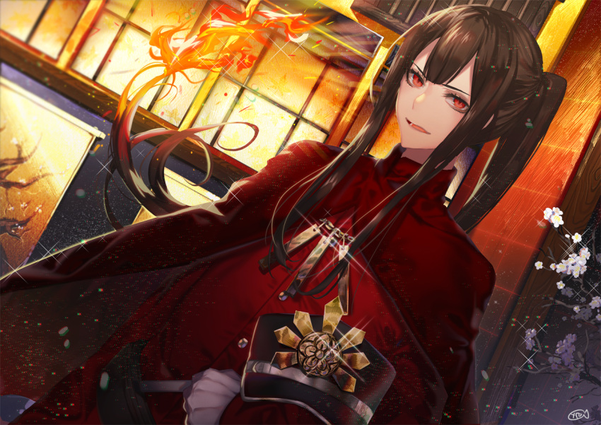 1boy :d arm_at_side backlighting bangs black_hat building burning_hair cape chains dutch_angle fate/grand_order fate_(series) fire glint gloves hat hat_removed headwear_removed holding holding_hat jacket light_particles long_hair long_sleeves looking_at_viewer male_focus military_jacket oda_nobukatsu_(fate/grand_order) open_mouth peaked_cap ponytail red_cape red_jacket sidelocks signature smile upper_body v-shaped_eyebrows very_long_hair white_gloves window yakusuke