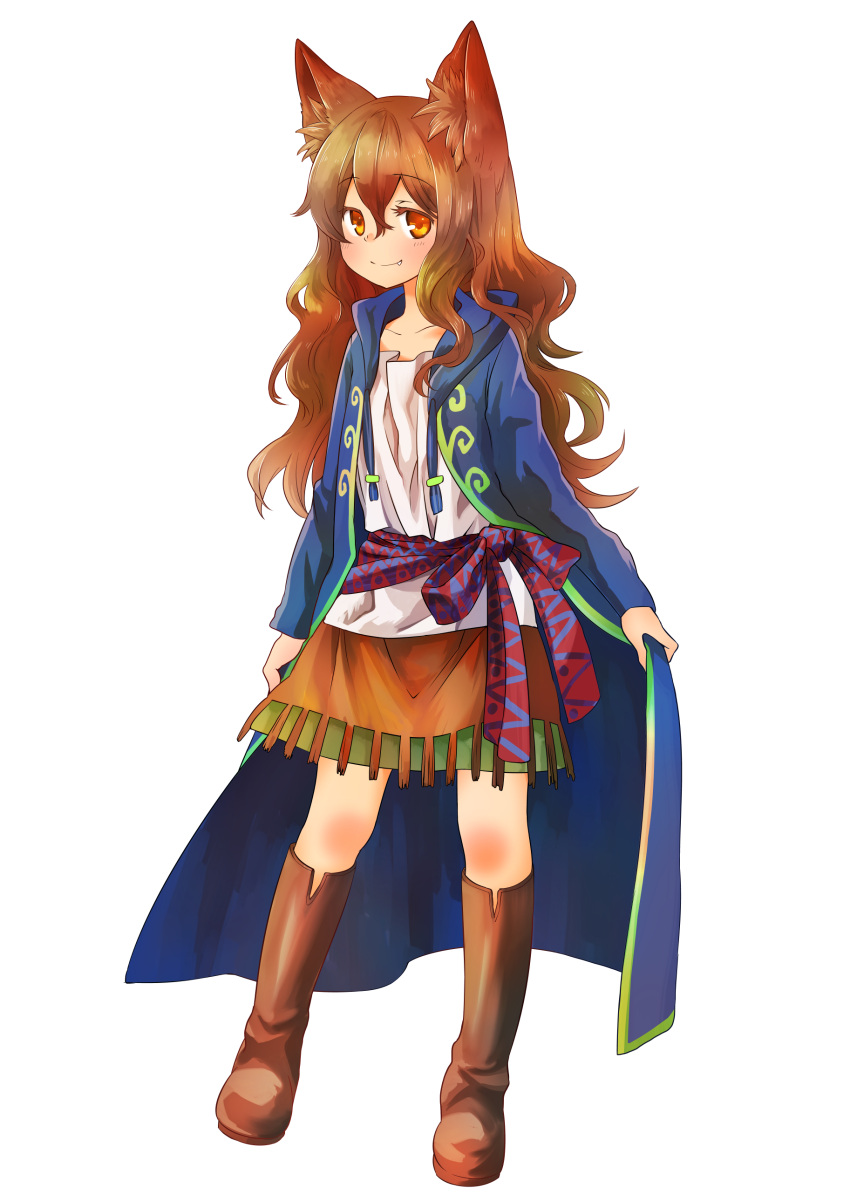 1girl absurdres animal_ears boots brown_hair coat coat_lift commentary_request fang_out full_body highres leather leather_boots long_coat long_hair mono_(nekogoya) original sash shirt simple_background skirt smile wavy_hair white_shirt wolf_ears
