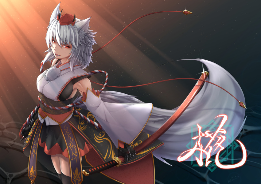 1girl animal_ears armpit_peek bare_shoulders black_legwear black_skirt breasts commentary_request cowboy_shot detached_sleeves hat highres holding holding_sword holding_weapon inubashiri_momiji inyuppo katana large_breasts long_sleeves looking_at_viewer medium_hair miniskirt parted_lips red_eyes revision sash sheath sheathed shirt skirt sleeveless sleeveless_shirt sword tail tassel thigh-highs tokin_hat touhou translation_request weapon white_hair white_shirt wide_sleeves wolf_ears wolf_tail zettai_ryouiki