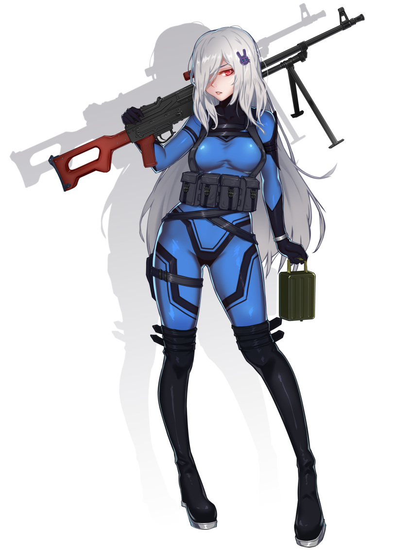 1girl ammunition black_legwear blue_bodysuit bodysuit breasts bunny_hair_ornament character_request choudan full_body girls_frontline grey_hair gun hair_ornament hair_over_one_eye highres holding holding_gun holding_weapon long_hair looking_at_viewer medium_breasts over_shoulder parted_lips pk_(girls_frontline) pouch red_eyes solo standing weapon