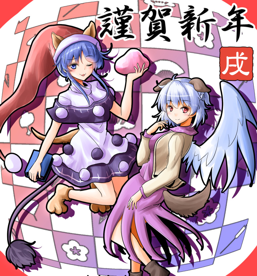 2girls :3 ahoge animal_ears bangs blue_eyes blue_hair blue_wings blush book breasts brown_footwear brown_jacket capelet closed_mouth commentary_request dog_ears dog_tail doremy_sweet dress eyebrows_visible_through_hair fan folding_fan happy_new_year hat highres holding holding_book jacket kemonomimi_mode kishin_sagume looking_at_viewer medium_breasts multiple_girls new_year nightcap one_eye_closed open_clothes open_jacket open_mouth oshiaki paw_shoes pom_pom_(clothes) purple_dress red_eyes shadow shoes short_hair short_sleeves sidelocks single_wing smile tail tapir_tail touhou translated wings