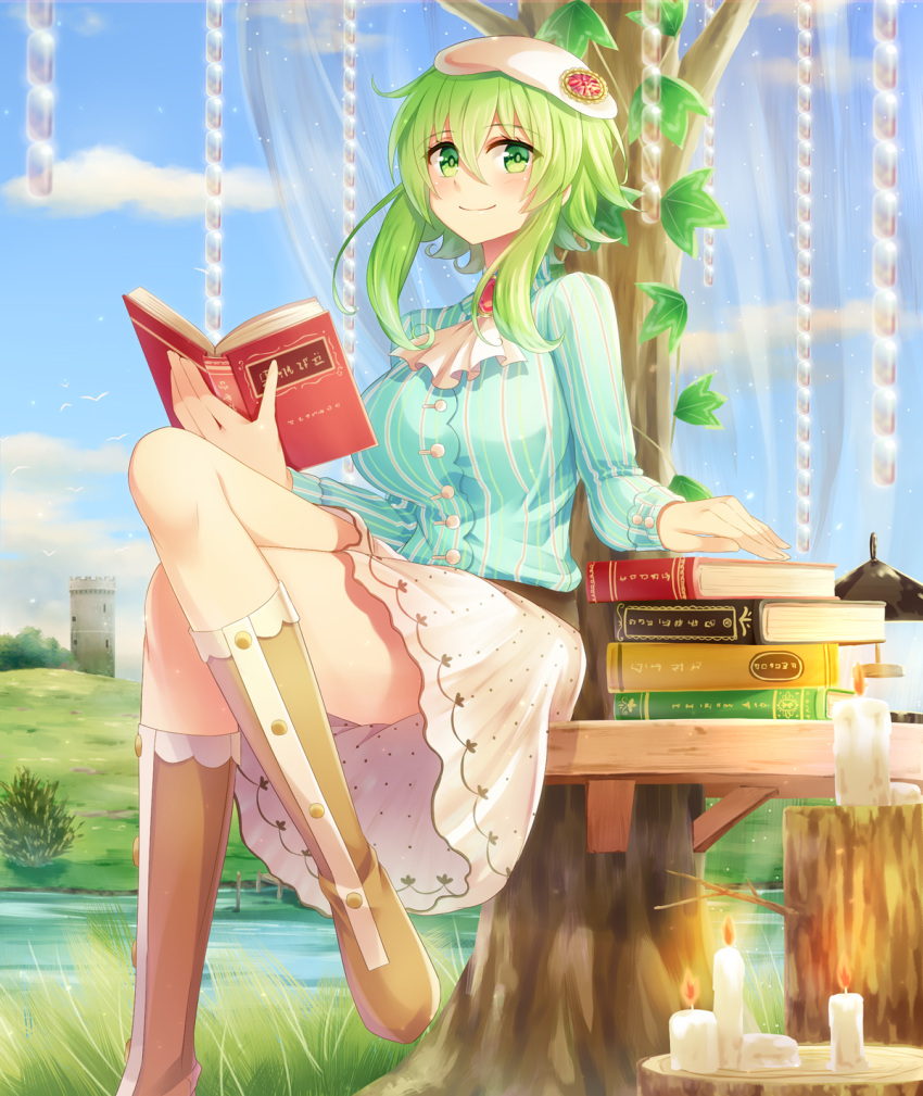 1girl blouse book boots breasts candle clouds cloudy_sky commentary_request day green_eyes green_hair gumi hat highres holding holding_book large_breasts legs_crossed looking_at_viewer outdoors sakakidani short_hair_with_long_locks sitting_on_bench skirt sky smile solo striped striped_blouse vertical_stripes vocaloid white_skirt