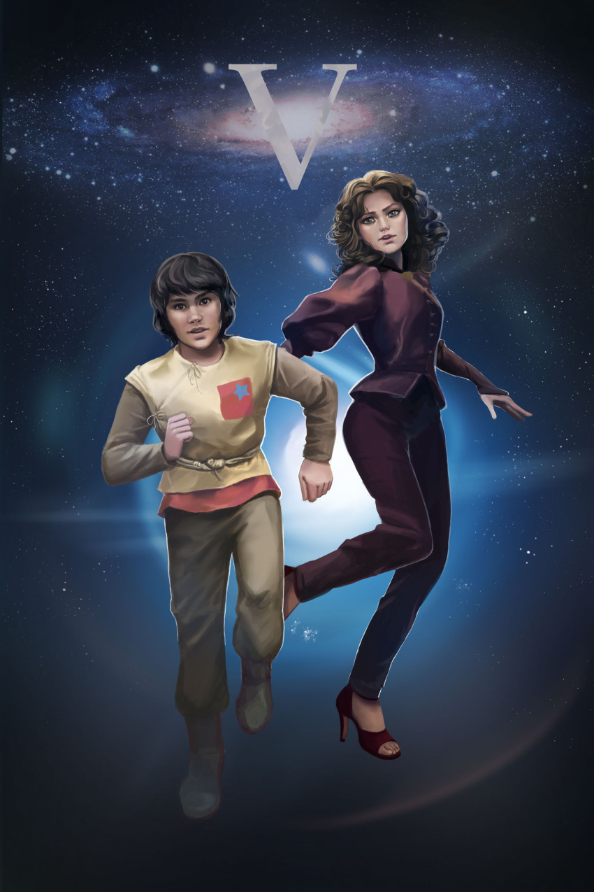 1boy 1girl absurdres adric_(doctor_who) demisir doctor_who galaxy high_heels highres lens_flare nyssa_(doctor_who) roman_numerals safe sandals star starry_background