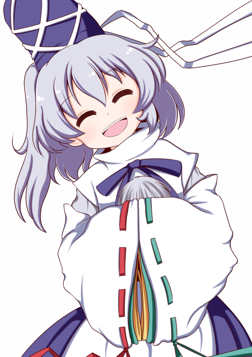 1girl :d ^_^ closed_eyes detached_sleeves eyebrows_visible_through_hair facing_viewer hair_between_eyes hands_in_sleeves hat head_tilt highres japanese_clothes kariginu long_hair mononobe_no_futo open_mouth ponytail ribbon ribbon-trimmed_sleeves ribbon_trim saado_(thirdflogchorus) silver_hair simple_background smile solo tate_eboshi touhou upper_body white_background wide_sleeves