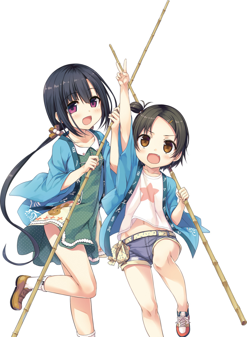 2girls :d absurdres arm_up belt black_hair blue_jacket blue_shorts blush brown_eyes brown_footwear cura dress fang green_dress hayase_fukami highres holding jacket japanese_clothes long_sleeves looking_at_viewer maitetsu minokasa_nagi multiple_girls navel open_clothes open_jacket open_mouth polka_dot polka_dot_dress ponytail purple_hair shoes short_dress short_hair short_shorts shorts simple_background smile socks standing standing_on_one_leg unmoving_pattern v white_background white_legwear