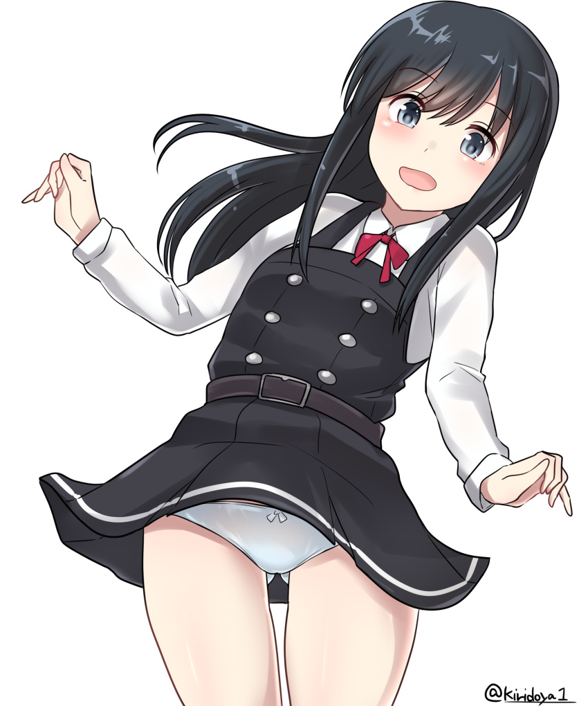 1girl absurdres asashio_(kantai_collection) bangs belt_buckle black_belt black_dress black_hair blue_eyes bow bow_panties buckle collared_shirt dress eyebrows_visible_through_hair gluteal_fold hair_between_eyes highres kantai_collection kiritto leaning_to_the_side long_sleeves looking_at_viewer open_mouth panties pantyshot pantyshot_(standing) pinafore_dress red_ribbon remodel_(kantai_collection) ribbon school_uniform shirt simple_background solo standing twitter_username underwear white_background white_panties white_shirt