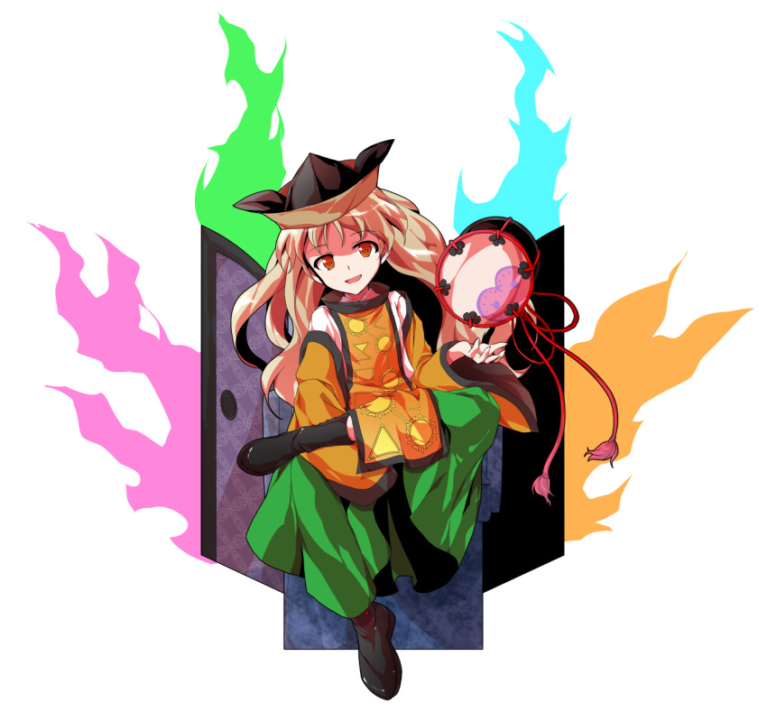 1girl :d alphes_(style) bangs black_footwear blonde_hair blue_fire boots chair circle constellation constellation_print dairi detached_sleeves door drum eyebrows eyebrows_visible_through_hair facing_away fire floating_object full_body green_fire green_skirt hat highres instrument long_hair long_sleeves looking_at_viewer matara_okina open_mouth orange_eyes parody purple_fire shirt simple_background sitting skirt smile solo style_parody tabard tareme tassel touhou transparent_background triangle white_shirt wide_sleeves