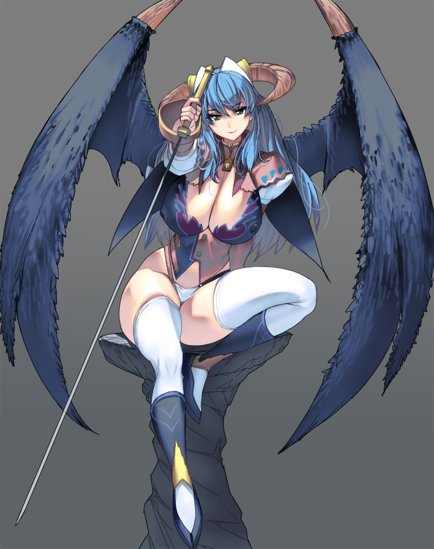 1girl blue_hair breasts demon_girl demon_wings erect_nipples green_eyes grey_background highres hips horns large_breasts leg_up legs masao original simple_background solo sword thigh-highs thighs weapon white_legwear wings