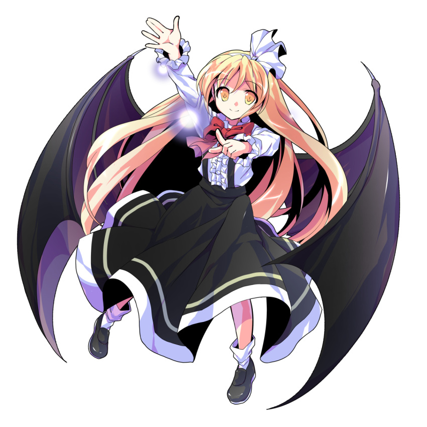 1girl alphes_(style) arm_up bangs bat_wings black_footwear black_skirt blonde_hair bobby_socks bow bowtie buttons closed_mouth dairi dot_nose eyebrows eyebrows_visible_through_hair frilled_sleeves frills full_body hair_between_eyes hairband high-waist_skirt highres index_finger_raised kurumi_(touhou) legs_apart loafers long_hair long_sleeves looking_at_viewer orb palms parody pigeon-toed red_bow red_neckwear ribbon shirt shoes simple_background skirt smile socks solo style_parody suspenders tareme touhou touhou_(pc-98) transparent_background very_long_hair white_hairband white_legwear white_ribbon white_shirt wings yellow_eyes