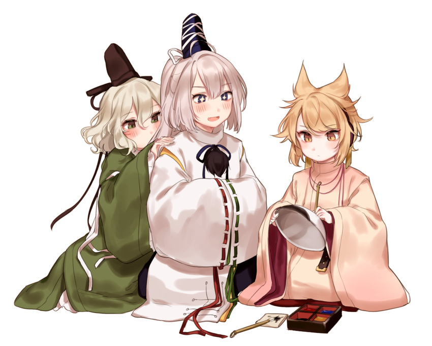 +_+ 3girls alternate_costume bangs blonde_hair blue_eyes blush brush commentary_request duplicate earmuffs green_eyes green_hair green_kimono grey_hair hair_between_eyes hat highres holding japanese_clothes kariginu kimono long_hair long_sleeves mononobe_no_futo multiple_girls obentou pointy_hair pom_pom_(clothes) ponytail seiza shan short_hair silver_hair simple_background sitting smile soga_no_tojiko sparkling_eyes swept_bangs tate_eboshi touhou toyosatomimi_no_miko wavy_hair white_background white_hair wide_sleeves yellow_eyes