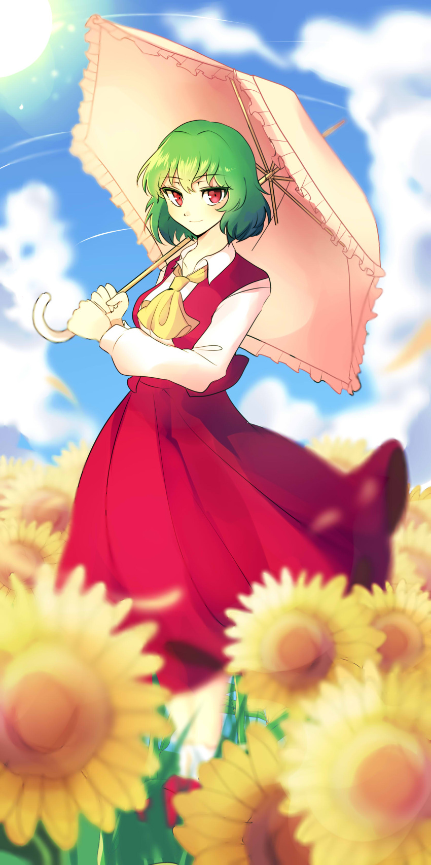 1girl absurdres ascot blue_sky blurry breasts closed_mouth clouds collared_shirt colored_eyelashes day depth_of_field eyebrows eyebrows_visible_through_hair facing_away flower frilled_umbrella frills garden_of_the_sun green_hair highres holding holding_umbrella kazami_yuuka kuromiya_yurin leaf legs_together long_skirt long_sleeves looking_at_viewer medium_breasts open_clothes open_vest petals pink_umbrella red_eyes red_footwear red_skirt red_vest shirt shoes short_hair skirt skirt_set sky smile socks solo standing sun sunflower touhou tsurime umbrella vest white_legwear white_shirt wind yellow_neckwear