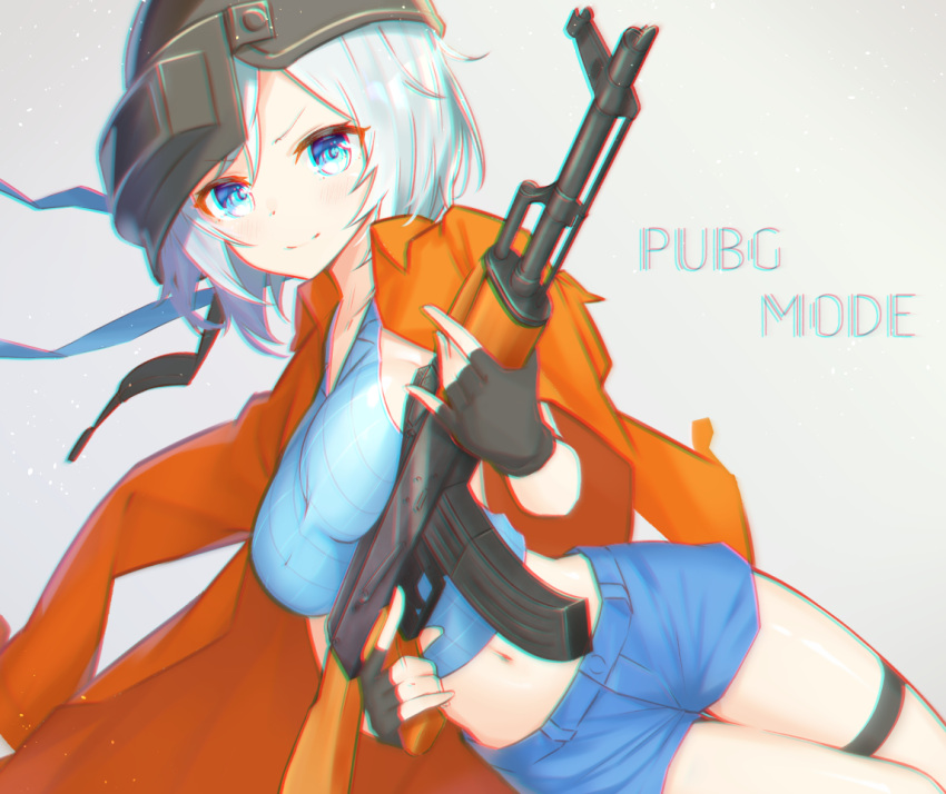 1girl black_gloves blue_eyes blush breasts chromatic_aberration closed_mouth dennou_shoujo_youtuber_shiro eyebrows_visible_through_hair fingerless_gloves gloves gun habu. helmet holding holding_gun holding_weapon large_breasts looking_at_viewer navel playerunknown's_battlegrounds shiro_(dennou_shoujo_youtuber_shiro) short_hair sideboob smile solo weapon white_hair