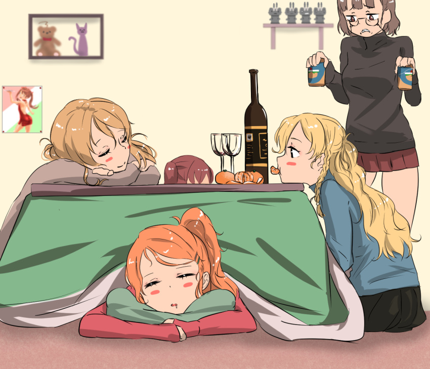 5girls alcohol aquila_(kantai_collection) black_sweater blonde_hair blue_sweater blush bottle brown_hair closed_eyes closed_mouth cup drinking_glass food fruit glass glasses grey_sweater highres kantai_collection kotatsu libeccio_(kantai_collection) littorio_(kantai_collection) long_hair mandarin_orange miniskirt multiple_girls orange_hair photo_(object) pillow red_skirt red_sweater redhead remodel_(kantai_collection) rensouhou-chan roma_(kantai_collection) sitting skirt slipping sweater table tama_(seiga46239239) twintails wine wine_bottle wine_glass zara_(kantai_collection)