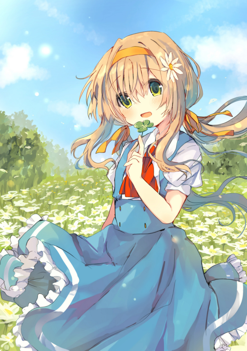 1girl absurdres asanagi_kurumi_(panda-doufu) ascot bangs blue_dress blue_sky blush brown_hair clover day dress field flower flower_field four-leaf_clover frilled_dress frills green_eyes hair_between_eyes hair_flower hair_ornament hairband highres holding lens_flare long_hair looking_at_viewer orange_hairband original outdoors pinafore_dress plant red_neckwear short_sleeves sky solo standing tareme