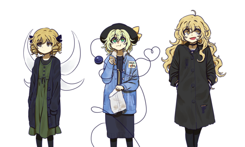 3girls :t ahoge alien_(psr992) bag black_hat black_legwear black_ribbon black_skirt blonde_hair buttons casual choker closed_mouth coat commentary_request contemporary drill_hair eating expressionless fairy_wings fang green_eyes hair_between_eyes hair_ribbon hands_in_pockets hat hat_ribbon heart heart_of_string jacket kirisame_marisa komeiji_koishi korean_commentary long_hair looking_at_viewer luna_child messy_hair multiple_girls open_mouth pantyhose protected_link quad_drills ribbon side_glance simple_background skirt sleeves_past_wrists smile third_eye touhou wavy_hair white_background wings yellow_eyes