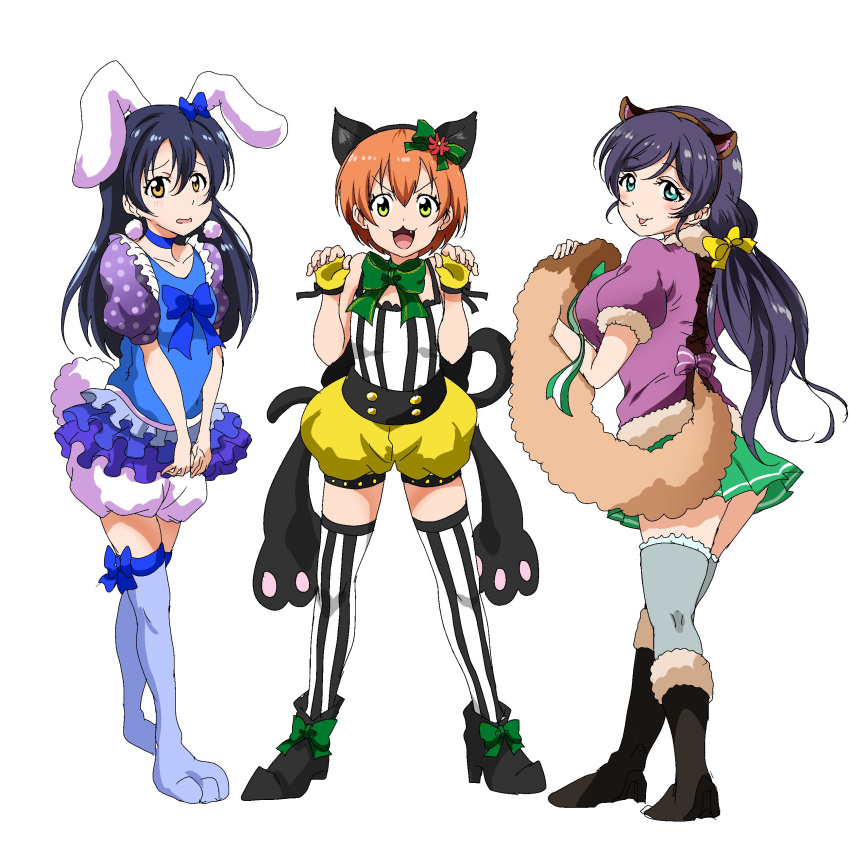 3girls absurdres animal_costume animal_ears bangs blue_hair bunny_costume cat_costume cat_ears closed_mouth hair_between_eyes hair_ornament highres hoshizora_rin lily_white_(love_live!) long_hair looking_at_viewer love_live! love_live!_school_idol_festival love_live!_school_idol_project multiple_girls open_mouth orange_hair paw_pose purple_hair rabbit_ears ribbon shogo_(4274732) short_hair simple_background smile sonoda_umi standing striped striped_legwear tanuki_costume thigh-highs toujou_nozomi twintails wavy_mouth white_background yellow_eyes