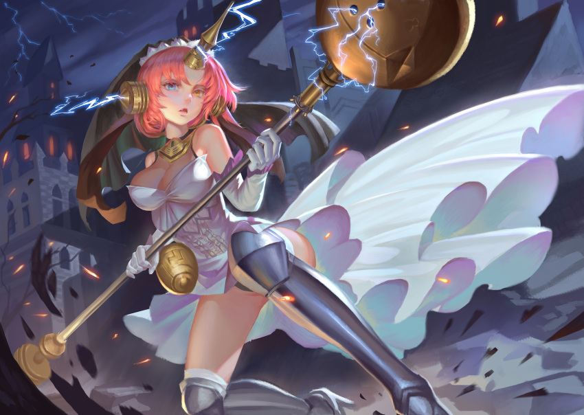 1girl absurdres bare_shoulders breasts castle cleavage dress fang fate/apocrypha fate_(series) frankenstein's_monster_(fate) gloves god_hunter grey_legwear heterochromia highres holding holding_weapon lightning night open_mouth outdoors pink_hair polearm short_hair solo standing weapon white_dress white_gloves