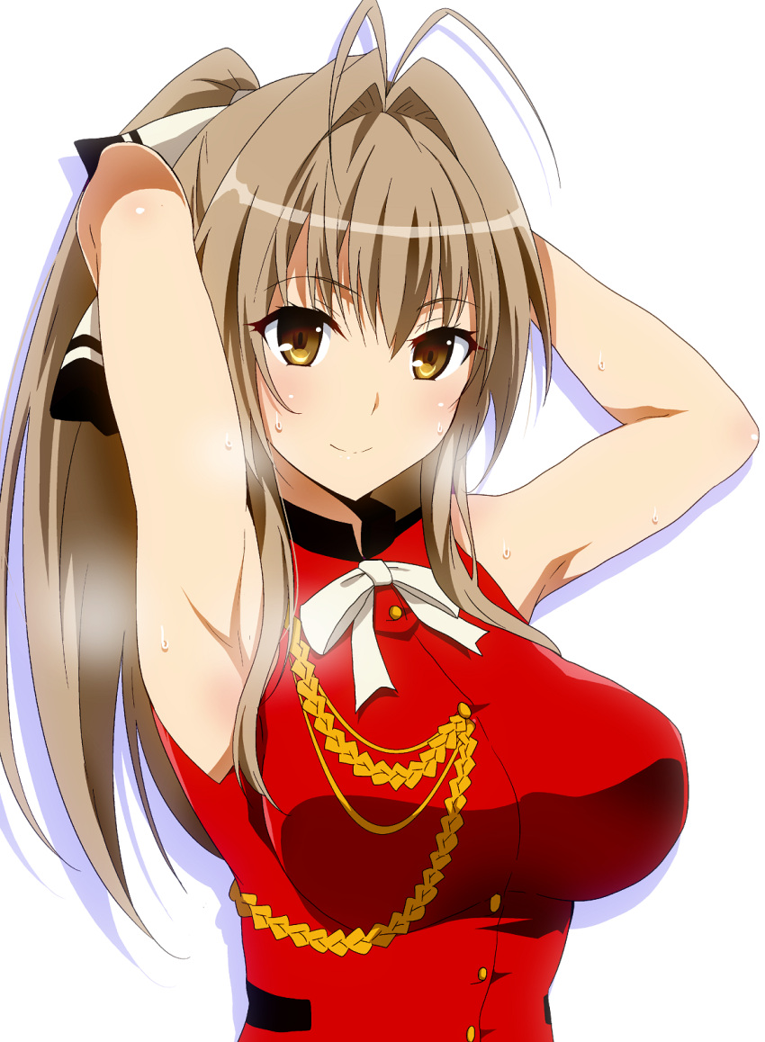 1girl aiguillette amagi_brilliant_park antenna_hair arm_up armpits bangs bare_arms bare_shoulders black_skirt blush breasts brown_eyes brown_hair frilled_skirt frills hair_between_eyes hair_intakes hair_ribbon hera_(hara0742) highres large_breasts long_hair looking_at_viewer miniskirt open_mouth red_shirt ribbon sento_isuzu shirt simple_background skirt sleeveless sleeveless_shirt smile solo sweat upper_body white_background