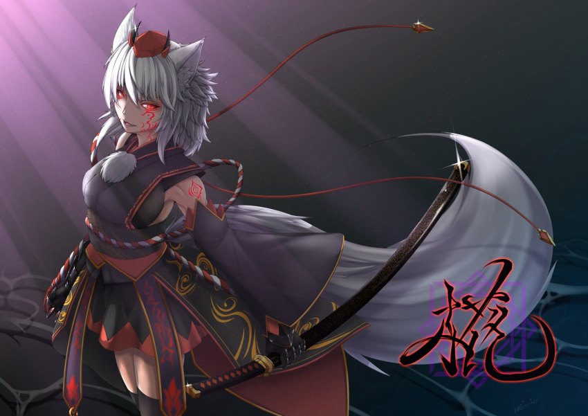 1girl animal_ears armpit_peek bare_shoulders black_legwear black_shirt black_skirt breasts commentary_request cowboy_shot detached_sleeves hat highres holding holding_sword holding_weapon inubashiri_momiji inyuppo katana large_breasts long_sleeves looking_at_viewer medium_hair miniskirt parted_lips red_eyes sash sheath sheathed shirt skirt sleeveless sleeveless_shirt sword tail tassel thigh-highs tokin_hat touhou weapon white_hair wide_sleeves wolf_ears wolf_tail zettai_ryouiki
