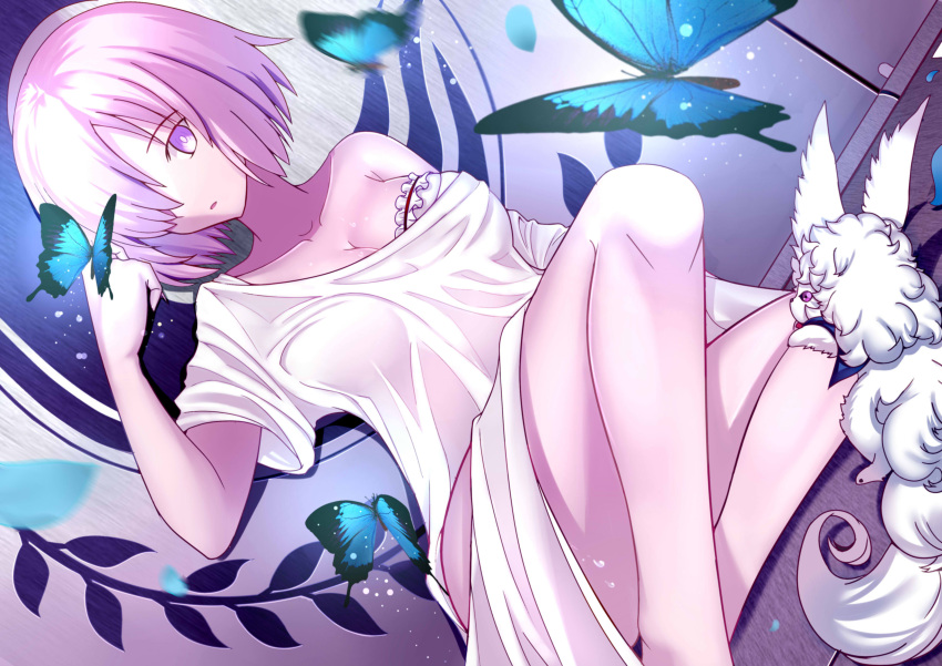 1girl absurdres bangs bare_shoulders breasts butterfly cleavage collarbone fate/grand_order fate_(series) fou_(fate/grand_order) highres looking_at_viewer mash_kyrielight paperfinger petals pink_hair solo tagme violet_eyes