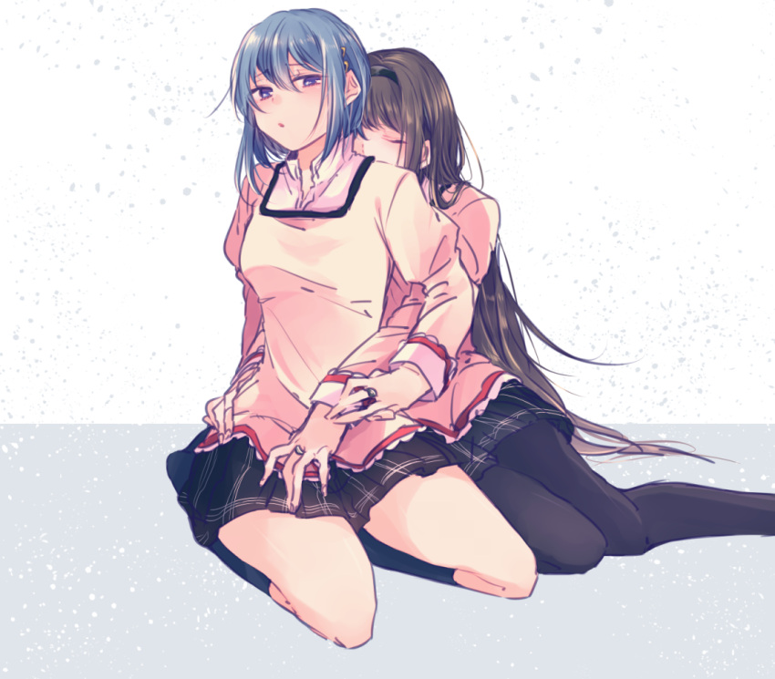 2girls black_hair black_hairband black_legwear black_skirt blue_eyes blue_hair blush closed_eyes hair_ornament hairband hairclip hug hug_from_behind jewelry long_hair long_sleeves mahou_shoujo_madoka_magica miki_sayaka mizuki_(flowerlanguage) multiple_girls open_mouth pantyhose ring school_uniform seiza sitting skirt very_long_hair yokozuwari yuri