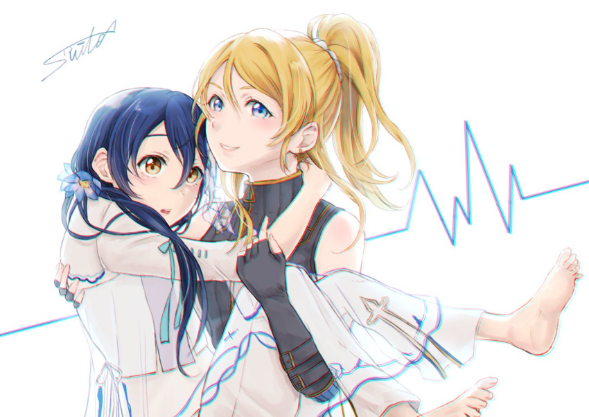 2girls ayase_eli bangs barefoot black_gloves blonde_hair blue_eyes blue_hair blush carrying fingerless_gloves flower gloves hair_between_eyes hair_flower hair_ornament long_hair love_live! love_live!_school_idol_festival love_live!_school_idol_project multiple_girls open_mouth ponytail princess_carry scrunchie signature simple_background sleeveless smile sonoda_umi suito vietnamese_dress white_background yellow_eyes