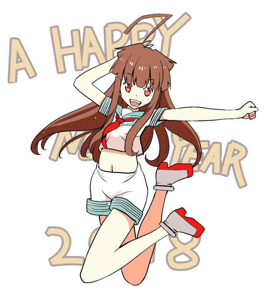 1girl 2018 ahoge bangs blunt_bangs brown_eyes brown_hair commentary_request english hand_behind_head happy_new_year highres hikawa79 kantai_collection kuma_(kantai_collection) long_hair midriff navel neckerchief new_year open_mouth sailor_collar sailor_shirt shirt shoes short_sleeves shorts sidelocks solo teeth white_background