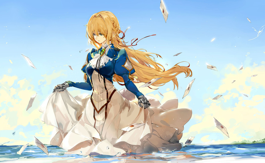 1girl bangs blonde_hair braid cute day dress dress_lift eyebrows_visible_through_hair hair_ornament long_hair looking_away looking_down ocean puffy_sleeves saberiii solo violet_evergarden violet_evergarden_(character) water water_drop wind