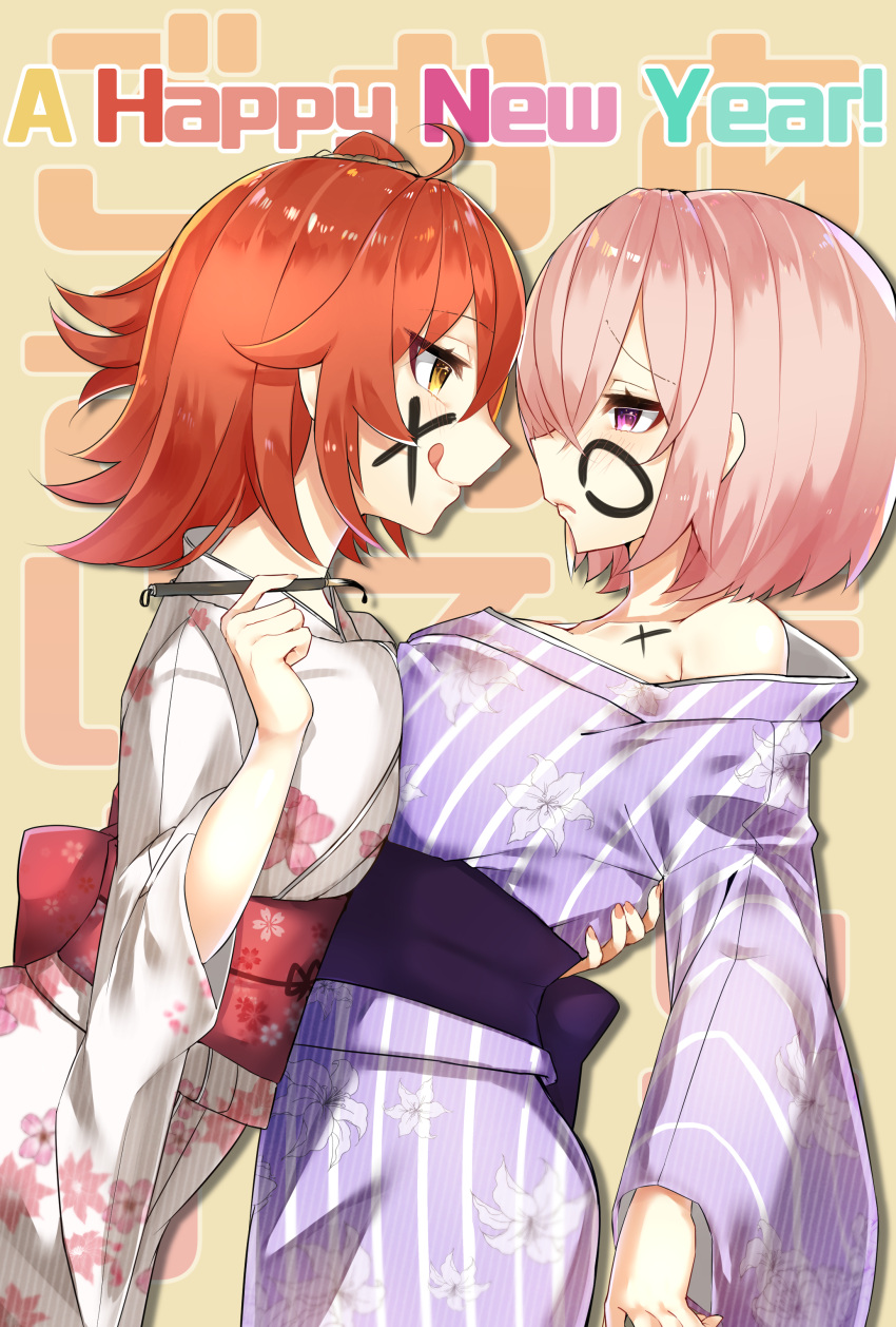 2girls :q absurdres ahoge arched_back bare_shoulders blush bow breast_press breasts calligraphy_brush closed_mouth cowboy_shot expressionless eye_contact facepaint fate/grand_order fate_(series) floral_print from_side fujimaru_ritsuka_(female) hand_on_another's_back happy_birthday highres holding japanese_clothes kimono large_breasts long_sleeves looking_at_another mash_kyrielight multiple_girls naughty_face off_shoulder orange_hair paintbrush parted_lips pink_hair profile red_bow reirou_(chokoonnpu) sash shiny shiny_hair short_hair side_ponytail standing striped striped_kimono symmetrical_docking tongue tongue_out violet_eyes white_kimono wide_sleeves yellow_eyes yuri