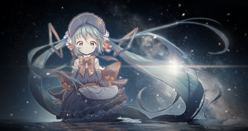 1girl alternate_costume apron aqua_eyes aqua_hair blue_dress bow bowtie cowboy_shot detached_sleeves dress frilled_dress frills hatsune_miku highres lengchan_(fu626878068) long_hair looking_at_viewer pleated_dress ribbon sky smile solo star_(sky) starry_sky twintails very_long_hair vocaloid wading